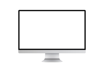 Modern design of realistic monitor screen mockup. Trendy thin frame display in silver metal body vector illustration.
