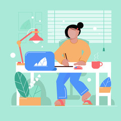 Woman draws on the tablet, works on computer. colorful. Flat style illustration