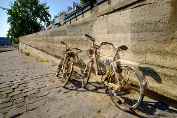 Old cycles fished out from the Seine river