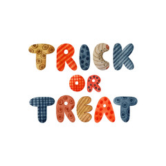 Trick or treat watercolor hand drawn lettering in simple cartoon style isolated on white background. Halloween phrase for greeting cards, posters, stationery. Handmade clipart. Holiday design.