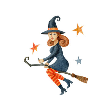Witch fly on the broom between the stars. Watercolor illustration isolated in white background. Halloween holiday clipart for posters, flayers, greetings cards. Hand drawn illustration.