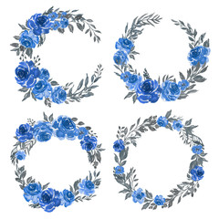 Watercolor set of floral blue wreath frame arrangement