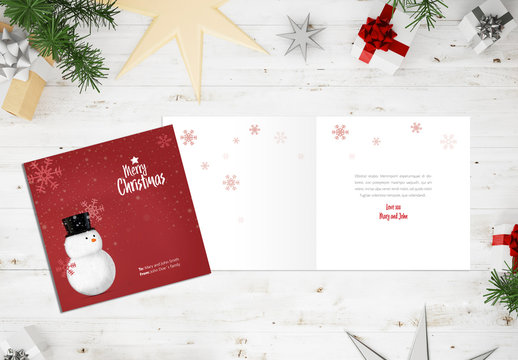 Christmas Card Layout with Snowman Illustration
