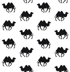 Vector seamless pattern of black bactrian two humped camel silhouette isolated on white background