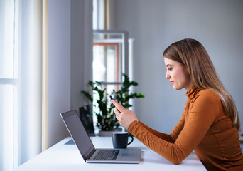 Young female millennial freelancer using phone and laptop in a beautiful office