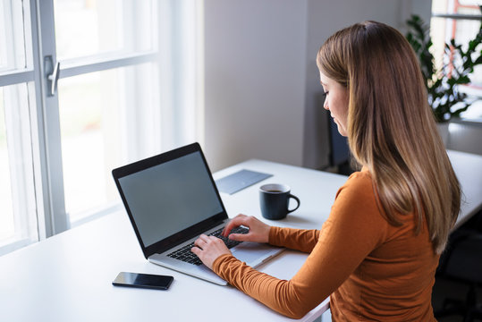 Young Millennial Working On Laptop Standing At The Desk By The Window