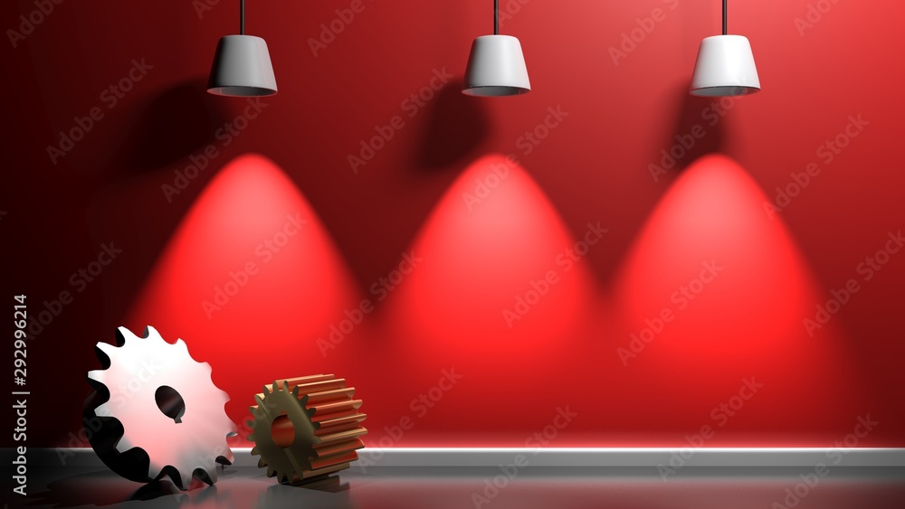 Poster red illuminated wall background with gears - 3d rendering illustration