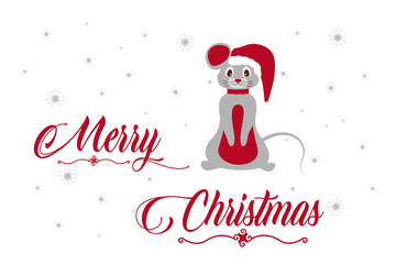 Greeting card, gray New Year`s Christmas mouse with a red cap and a scarf, on a white background with snowflakes, vector illustration