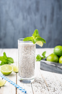 Mexican Energizing drink, Chia Fresca made from water, seeds, lime and sweetened with honey with copy space
