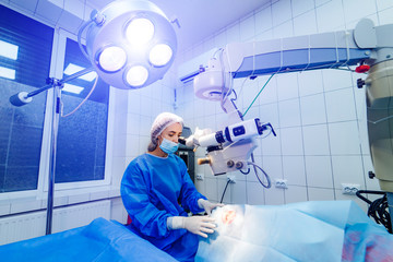 Eye surgery in hospital. Ophthalmology operation process