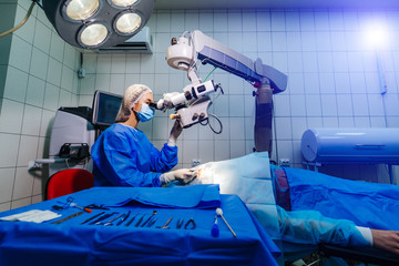 Surgeon with operating system of laser vision correction in the operating room. Ophthalmology...
