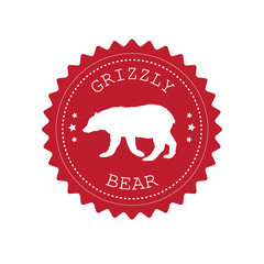 Vector round retro red logo with grizzly bear silhouette isolated on white background