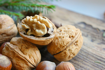 Fototapeta na wymiar Walnuts and hazelnuts closeup on wooden background. Copy space. Healthy food, organic products.