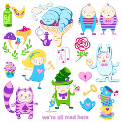 Set of  characters of Wonderland. Alice in Wonderland, White rabbit, Mad Hatter, Caterpillar, Tweedledum and Tweedledee.. Playing cards, pocket watch, key, cup and poison. Vector posters,illustration