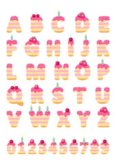 Font of cakes. Bakery sweet alphabet. Letters and numbers with pink glaze, berries and candles. Vector poster