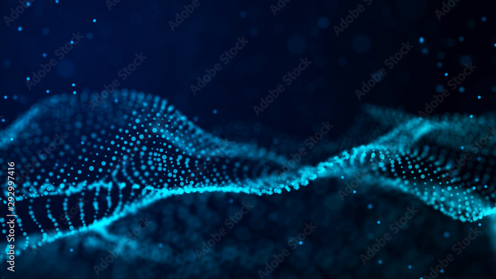 Poster Futuristic background of points and lines with a dynamic wave. Big data. Abstract background 3d rendering. 4k.