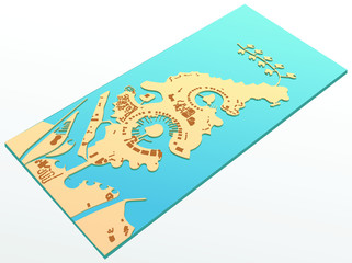 A 3D vector map of Pearl artificial island, Viva Bahriya, La plage, Porto Arabia and Isola Dana in Doha, Qatar 