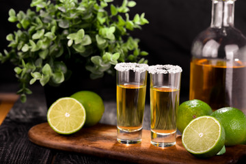 Mexican Gold Tequila with lime and salt on black background with copyspace.