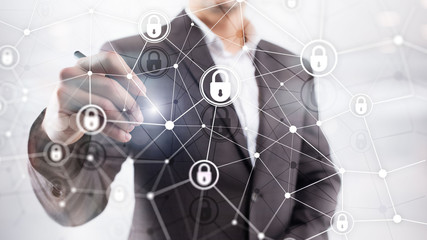 Cyber security, information privacy, data protection concept on modern server room background. Internet and digital technology concept.