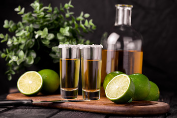 Mexican Gold Tequila with lime and salt on black background with copyspace.