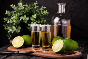 Mexican Gold Tequila with lime and salt on black background with copyspace.