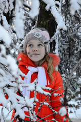 little girl looks at the photographer and poses among the snowy tree branches