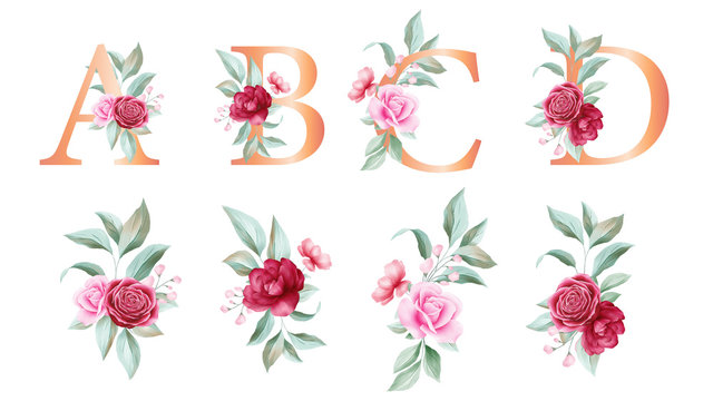 Floral alphabet set with watercolor flowers elements. Letters A, B, C, D with watercolor botanical composition. Flower bouquet illustration for wedding invitation decoration design