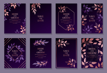 Fototapeta na wymiar Set of luxury floral wedding invitation design or greeting card templates with rose gold branches and leaves on a purple background.