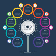 Business presentation concept with 9 options. Template of tree, info chart or diagram with nine process. Infographic of technology or education. Dark background.