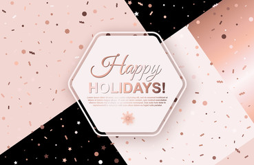 Happy Holidays background with scattered geometric confetti. Hexagon frame in center with place for text on trendy patchwork backdrop. Winter template design for posters, flyers, brochures, vouchers
