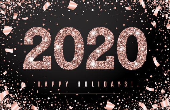 Happy Holidays Banner with glowing Rose Gold 2020 Numbers on black Background with Flying geometric and foil paper Confetti. Vector illustration. All isolated and layered