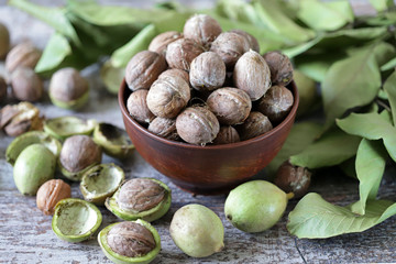 Freshly walnuts in a bowl. Harvest walnuts. Walnuts peeled from green shells. The leaves of the walnut tree.