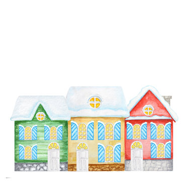 Cartoon Winter Christmas Houses. Watercolor New year Greeting card, poster, banner concept with copy space for text. Front view of Red, Yellow, Green House. © Svetlana