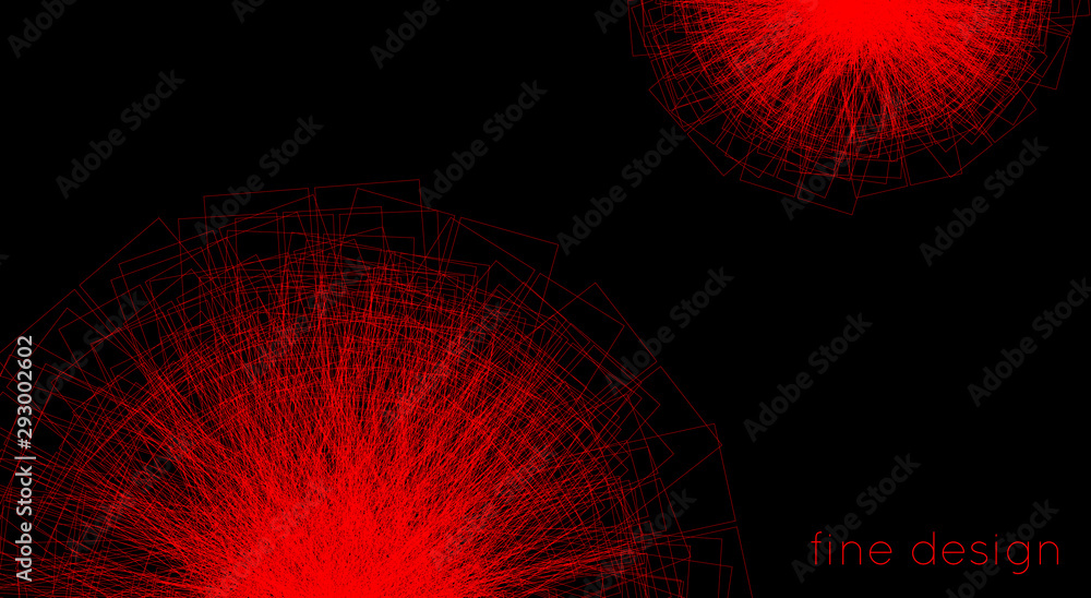 Poster Red on black design with rotated shapes by thin lines. Vector graphics