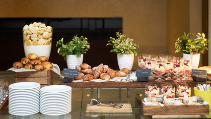 Catering buffet food in hotel restaurant, close-up, indoors