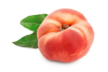 Ripe chinese flat peach fruit with leaf isolated on white background