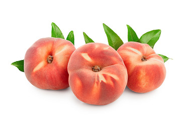 Ripe chinese flat peach fruit with leaf isolated on white background