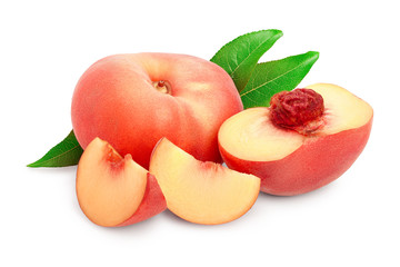 Ripe chinese flat peach fruit and half with leaf isolated on white background