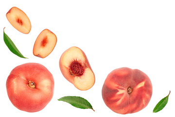Ripe chinese flat peach fruit and half with leaf isolated on white background. Top view. Flat lay