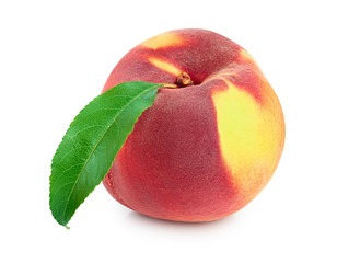 Ripe peach fruit with leaf isolated on white background