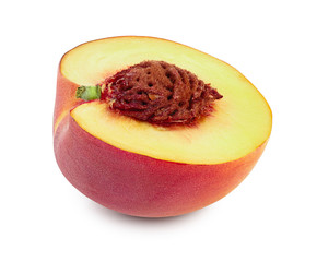 Ripe peach fruit half isolated on white background