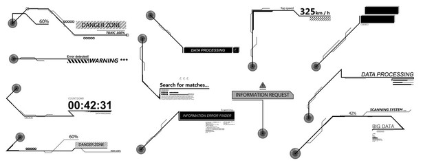  Futuristic callouts titles in Sky-fi style. HUD futuristic bar labels, info call box bars. Futuristic info boxes layout templates. Elements interface HUD, GUI. Vector Callout Titles set
