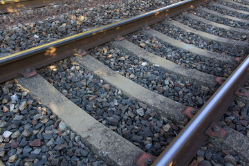 close up railway metal rails way background train cargo passenger metro express delivering transport 