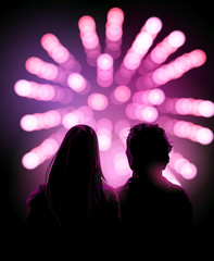 A couple of adults watching a firework display together at night. Celebration vector background.