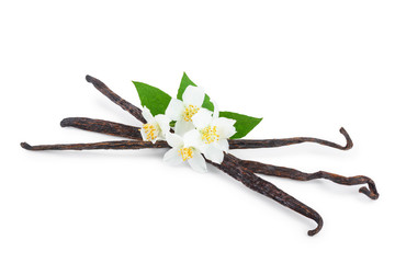 Vanilla sticks with flower and leaf isolated on white background