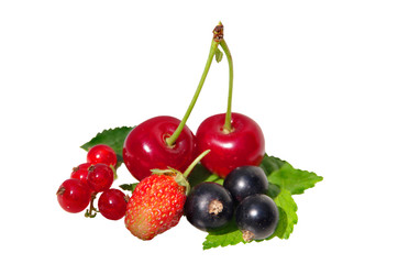 Berries on a green currant leaf. Black and red currants, strawberries.