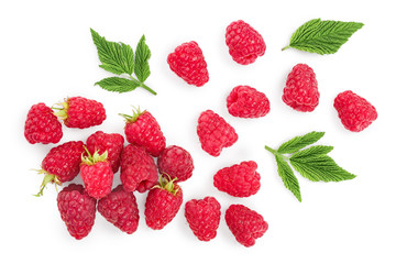 raspberries with leaves isolated on white background. Top view. Flat lay