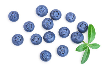 fresh ripe blueberry with leaves isolated on white background. Top view. Flat lay pattern