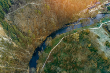 Aerial view of Pavilniai Regional Park during sunrise. 