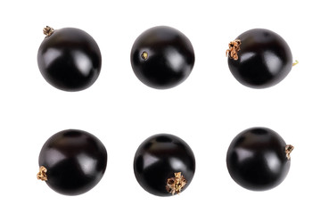 Six black currant with leaf isolated on white background